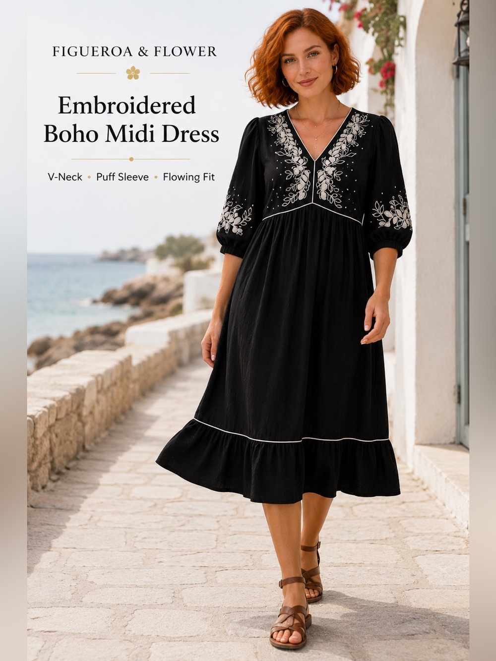 Figueroa & Flower Embroidered Boho Midi Dress Black Size Small
